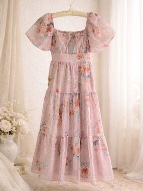 Baltic Born Annabeth Midi Dress Blush Floral Puff Sleeve Smocked S
